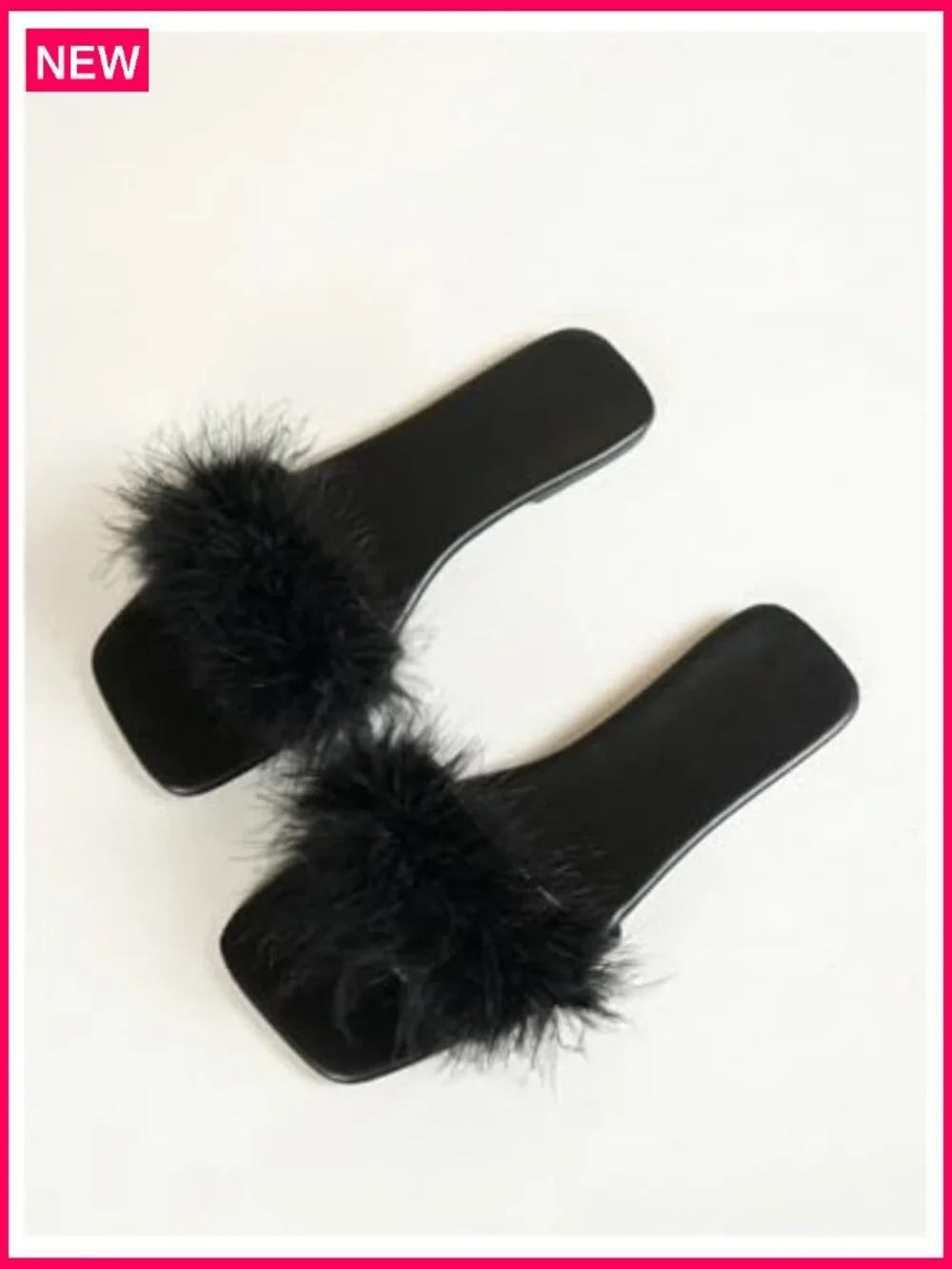 Fuzzy Slide Sandals with Feather Trim Square Toe Flat Slip On